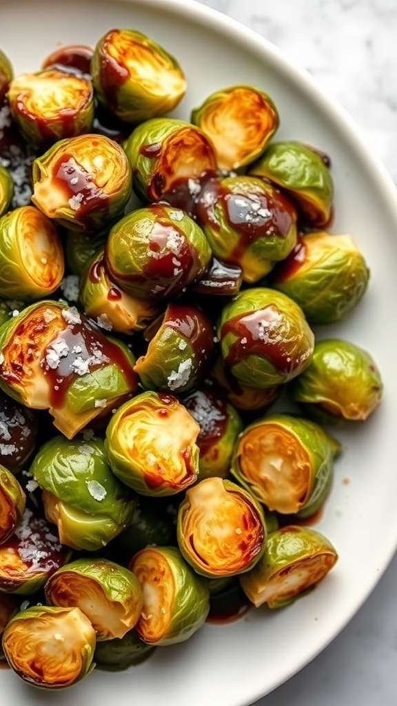 A plate of roasted Brussels sprouts drizzled with balsamic glaze and sprinkled with salt.