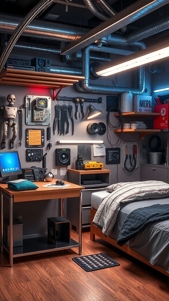 A boys bedroom designed as a robot workshop with tech gadgets and tools.