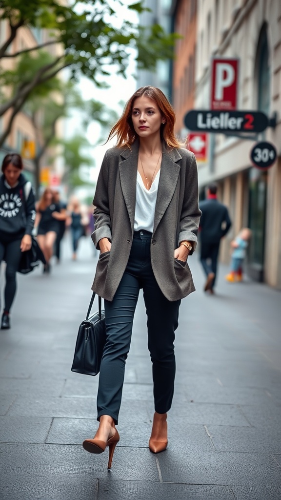 A woman walking confidently in an oversized blazer, tailored pants, and heels on a city street.
