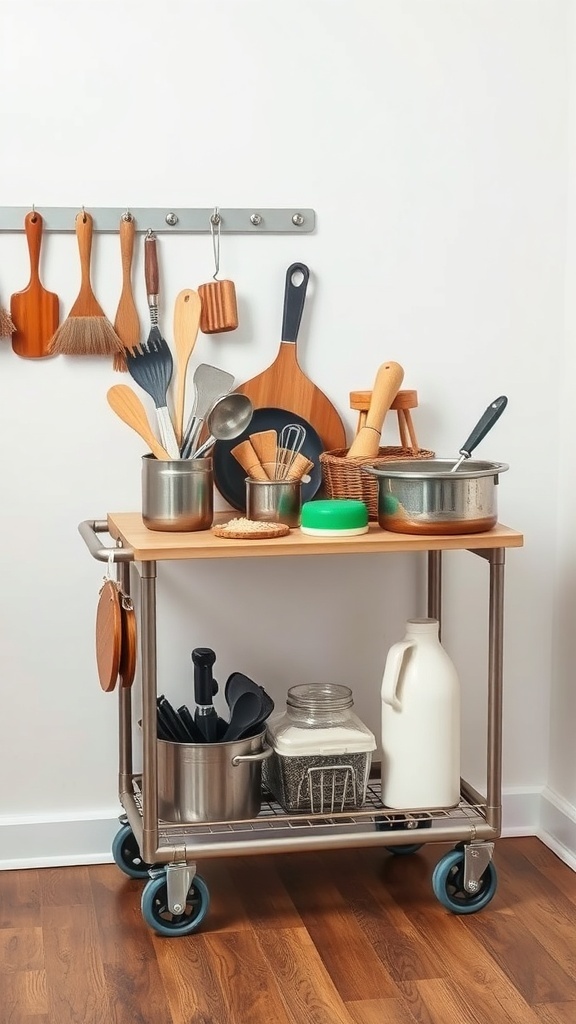 A rolling cart filled with various kitchen utensils and containers.