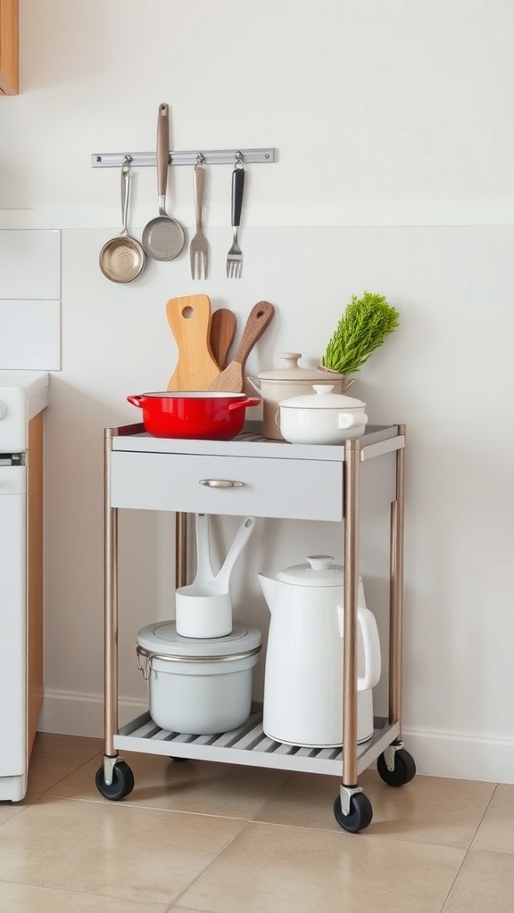 A rolling cart in a small kitchen with cooking utensils and pots.