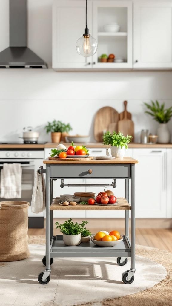 A rolling kitchen cart island with fruits and plants in a modern kitchen