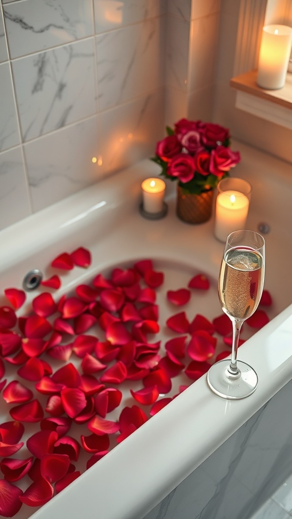 A romantic bath setup with rose petals, candles, and a glass of champagne.