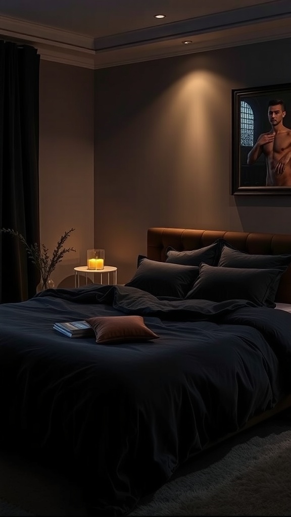 A cozy bedroom featuring black velvet bedding, soft lighting, and warm accents.