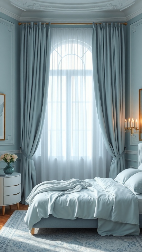 A romantic light blue bedroom with soft bedding and curtains.