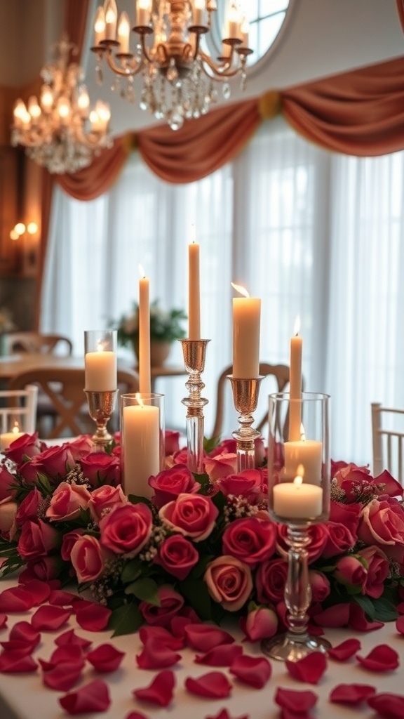A romantic candle arrangement with pink roses and rose petals on a table.