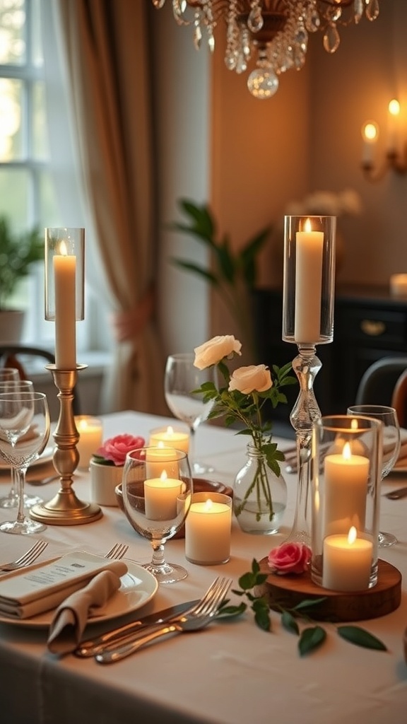 A beautifully set dining table with various candles and flowers for a romantic atmosphere.