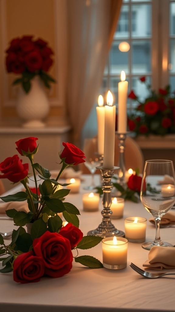 A beautifully arranged table with candles and red roses for a romantic dinner.