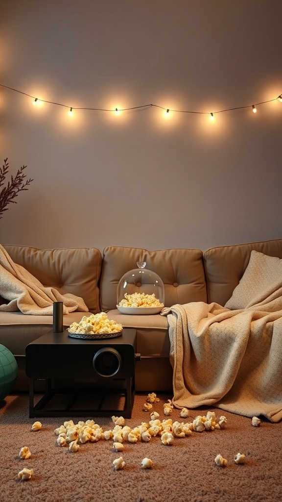 Cozy movie setup with blankets, pillows, and popcorn