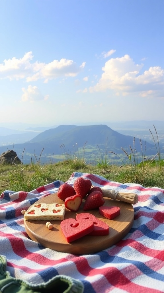 A romantic outdoor picnic setup with heart-shaped snacks on a blanket.