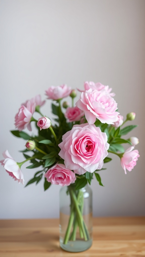 A beautiful bouquet of pink roses and flowers in a glass vase.
