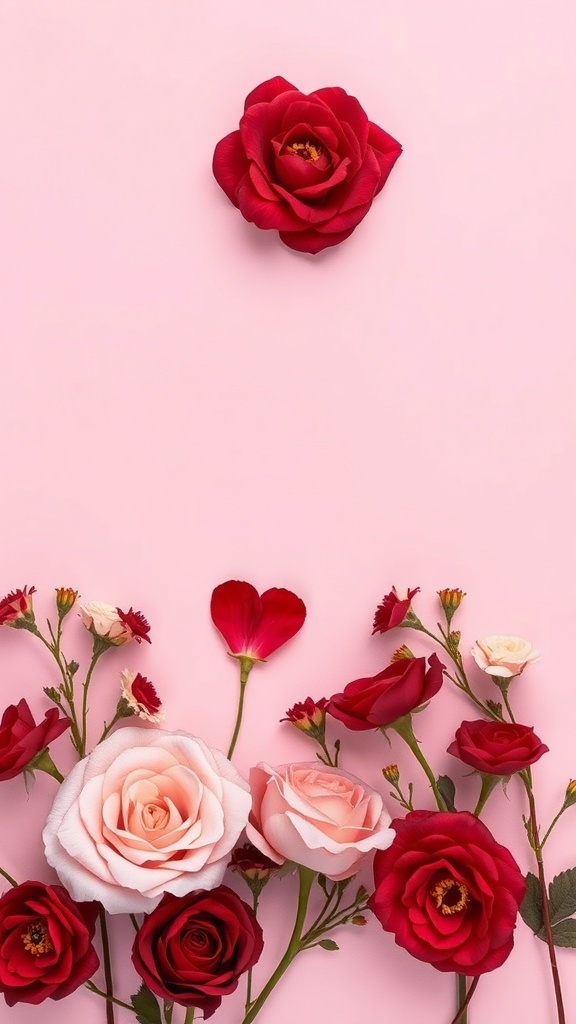 A beautiful arrangement of red and pink roses on a soft pink background.