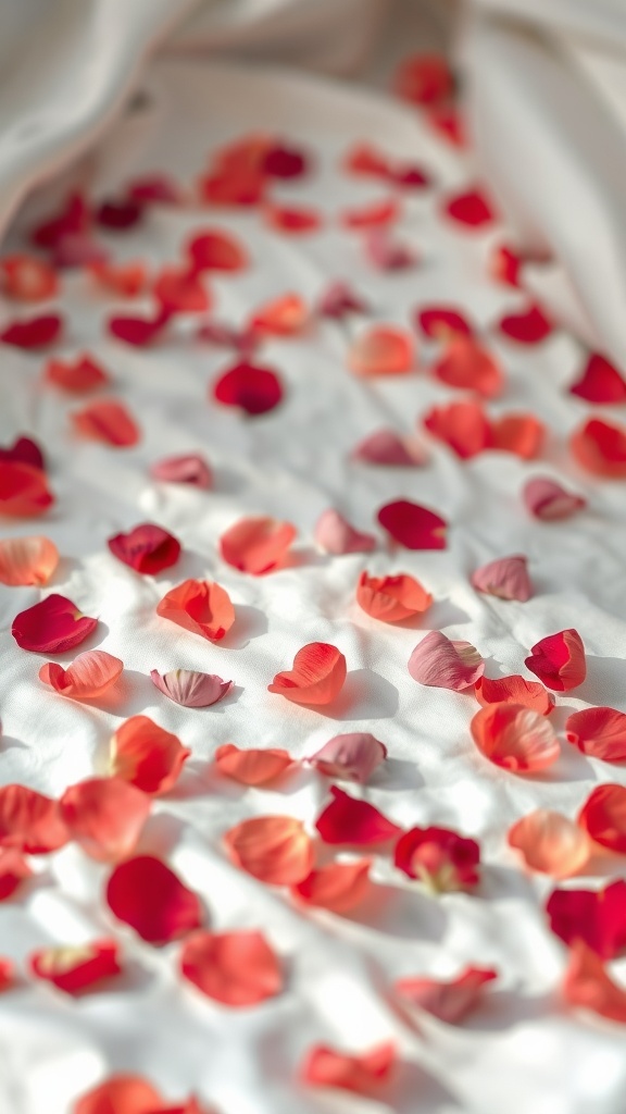 A scattering of rose petals on a white surface