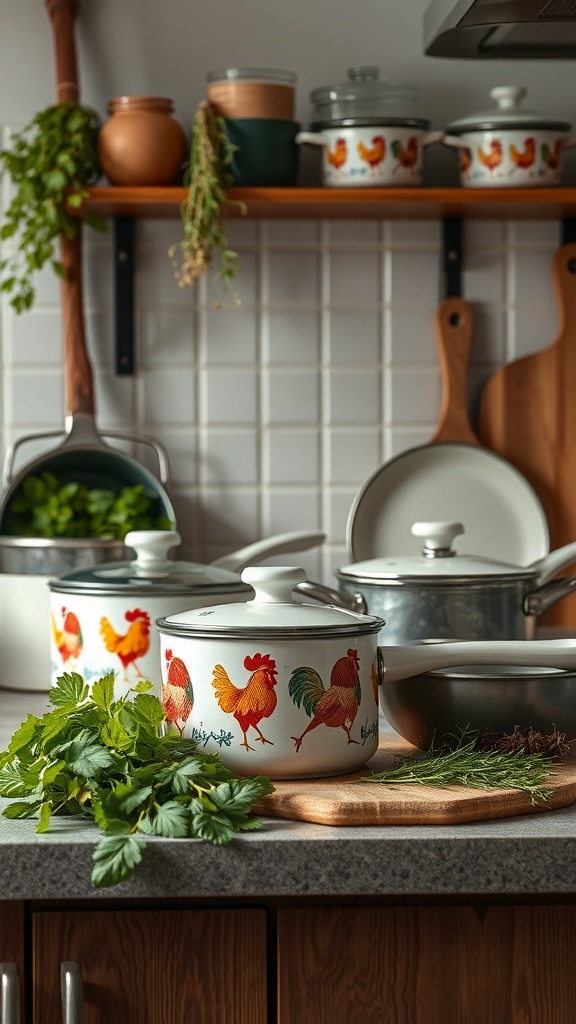 Colorful rooster-themed cookware displayed in a farmhouse kitchen