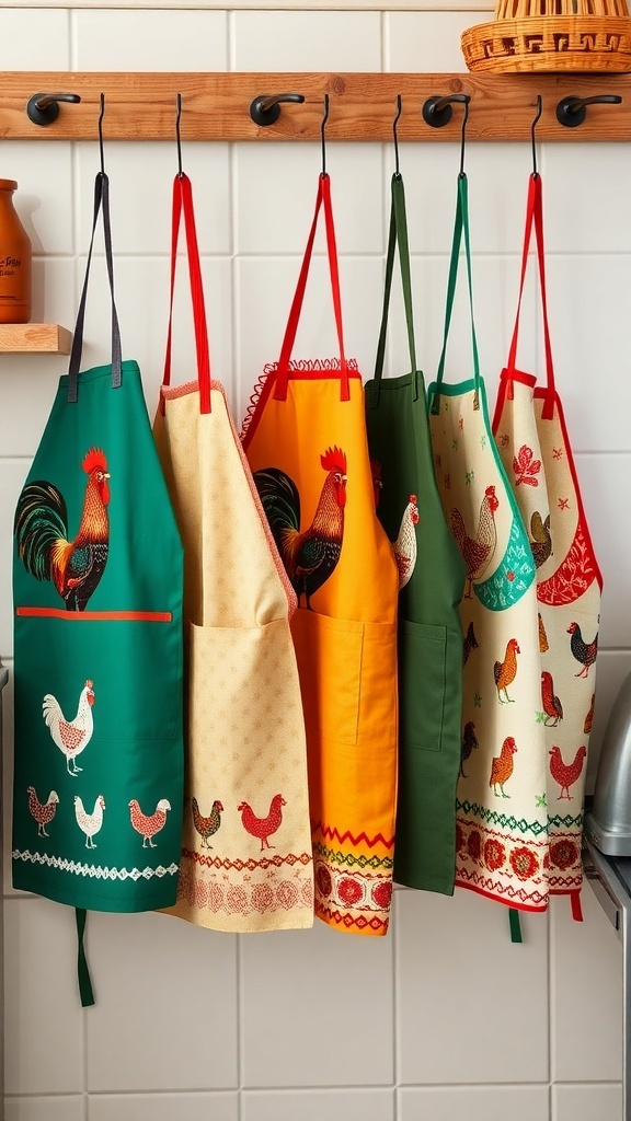 A collection of colorful rooster-themed aprons hanging on a rack.