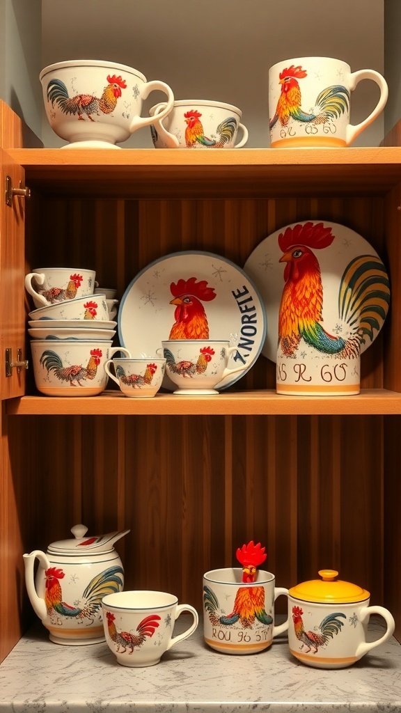 Colorful rooster-themed dishware displayed on wooden shelves.