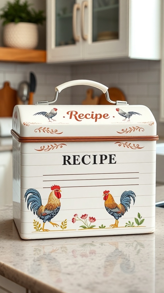 A decorative recipe box featuring roosters and floral designs, perfect for farmhouse kitchen decor.
