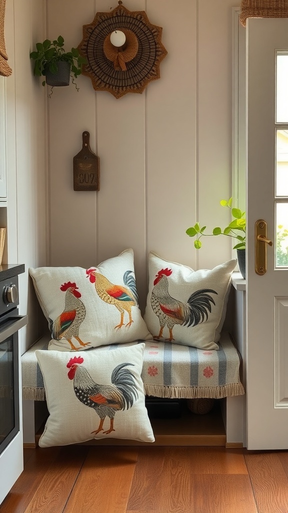 A cozy kitchen nook with rooster embroidered pillows on a bench.