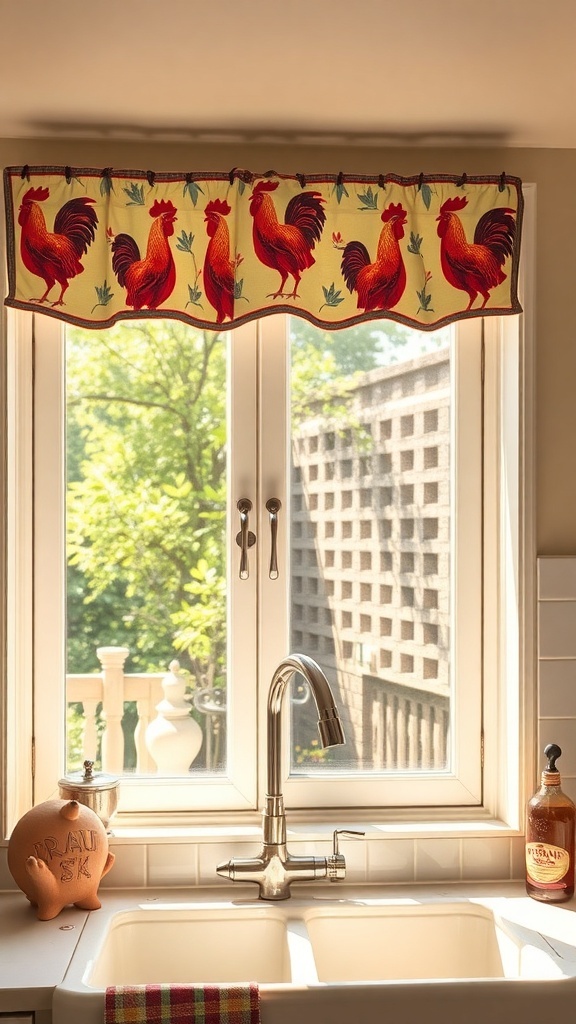 Rooster print curtains hanging in a kitchen window