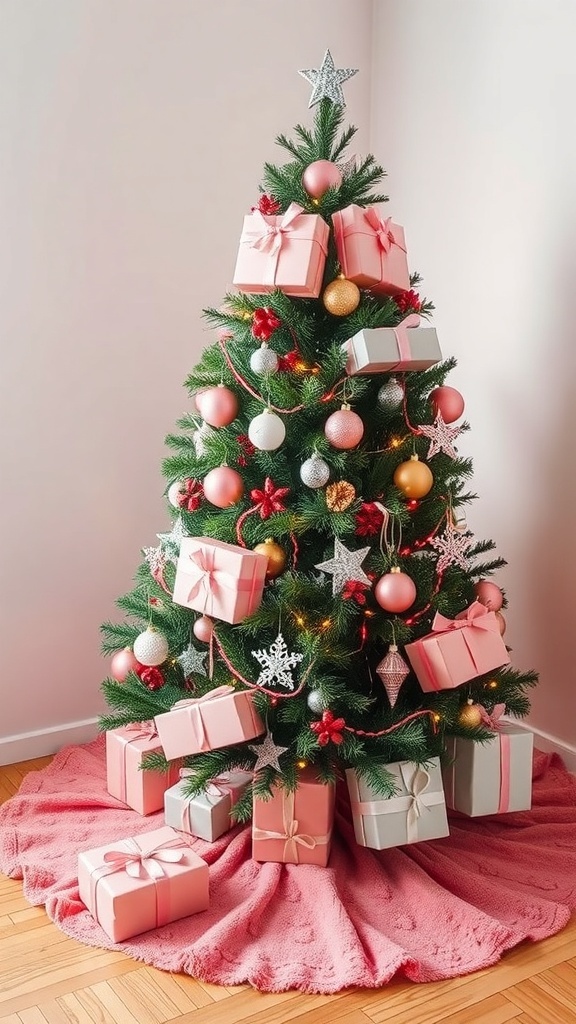 A Christmas tree decorated with pastel ornaments and gifts, featuring a rosy pink tree skirt.