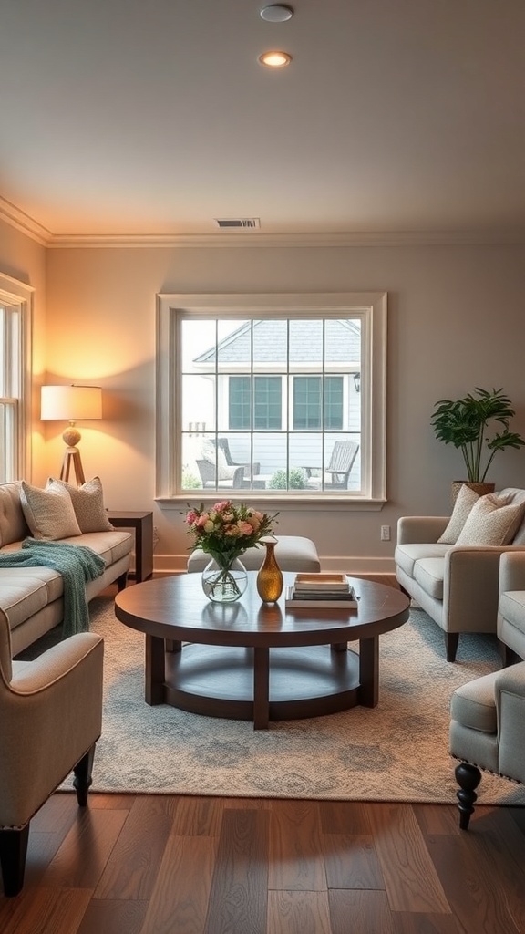 Cozy living room with a round coffee table, soft seating, and natural light.