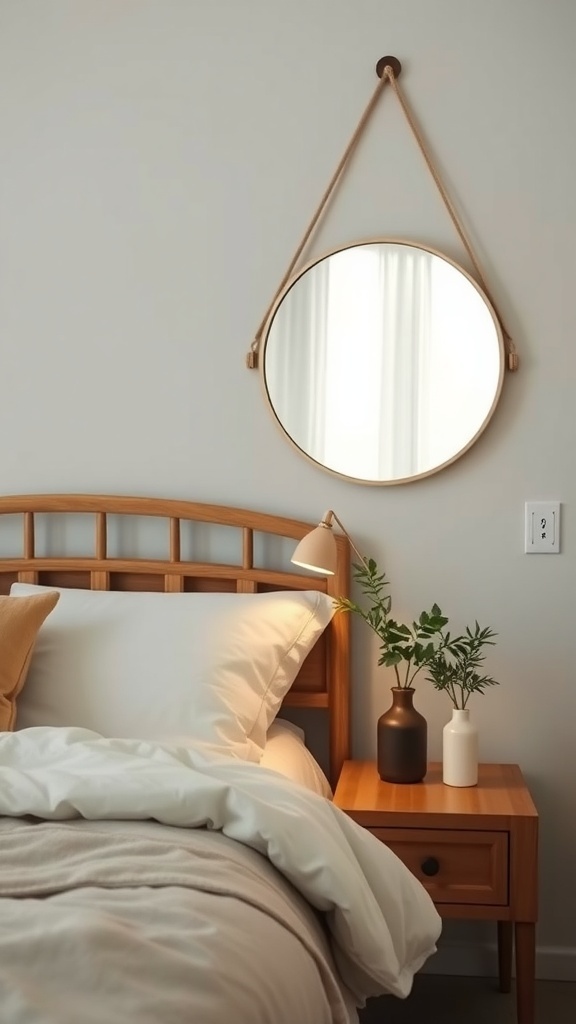 A round mirror hanging above a wooden bed with soft bedding and a nightstand featuring plants.