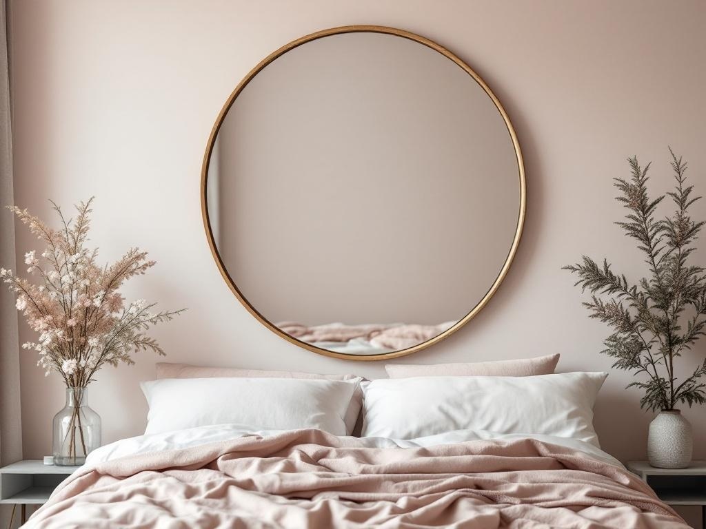 A round mirror with a gold frame above a bed with soft pink bedding and decorative plants on either side.
