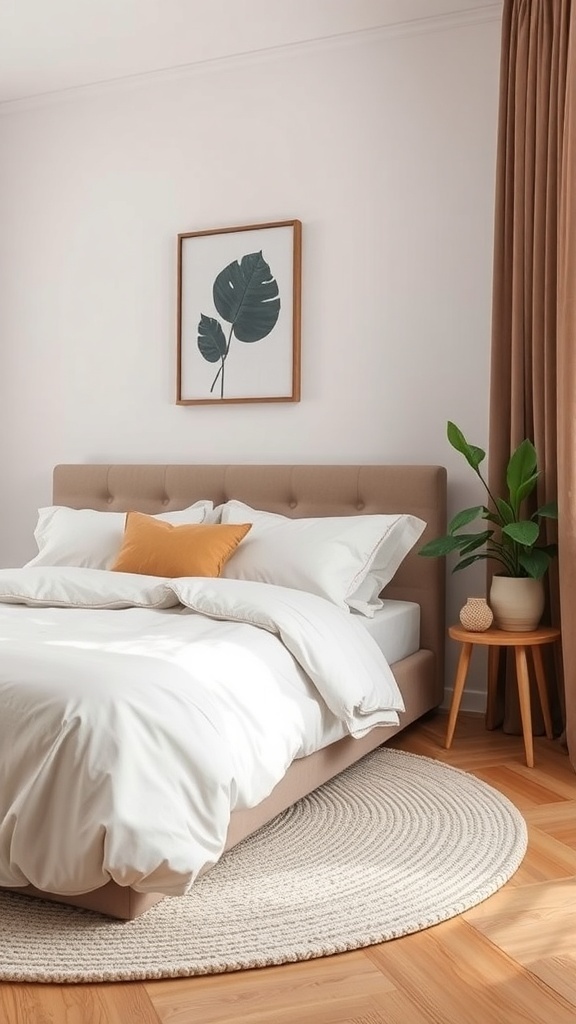 A cozy bedroom featuring a round rug under the bed, soft bedding, and a plant.