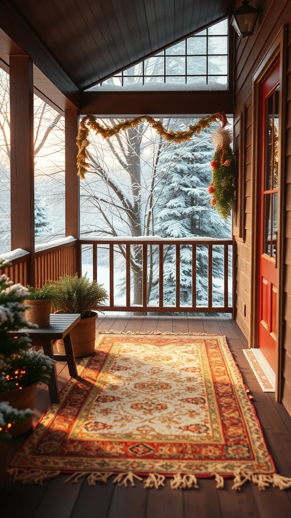 A winter porch with a decorative rug, plants, and festive decorations.