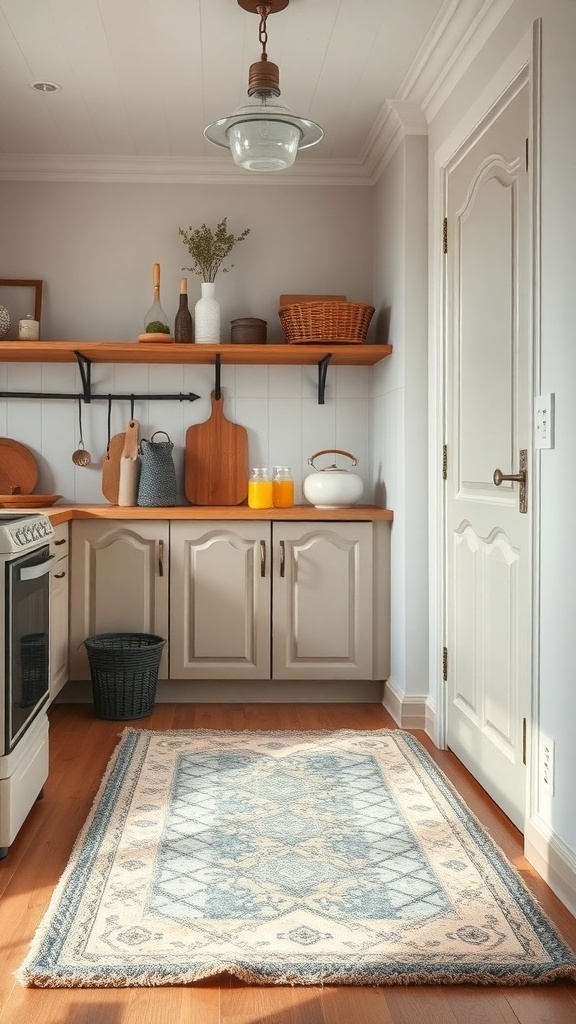 A cozy farmhouse kitchen with a decorative rug on the floor.