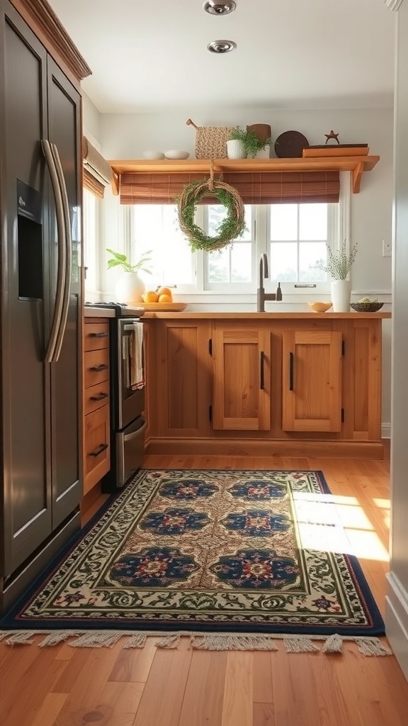 A cozy farmhouse kitchen featuring a decorative rug with the word 'HATCHEN' on it, surrounded by wooden shelves and kitchen essentials.