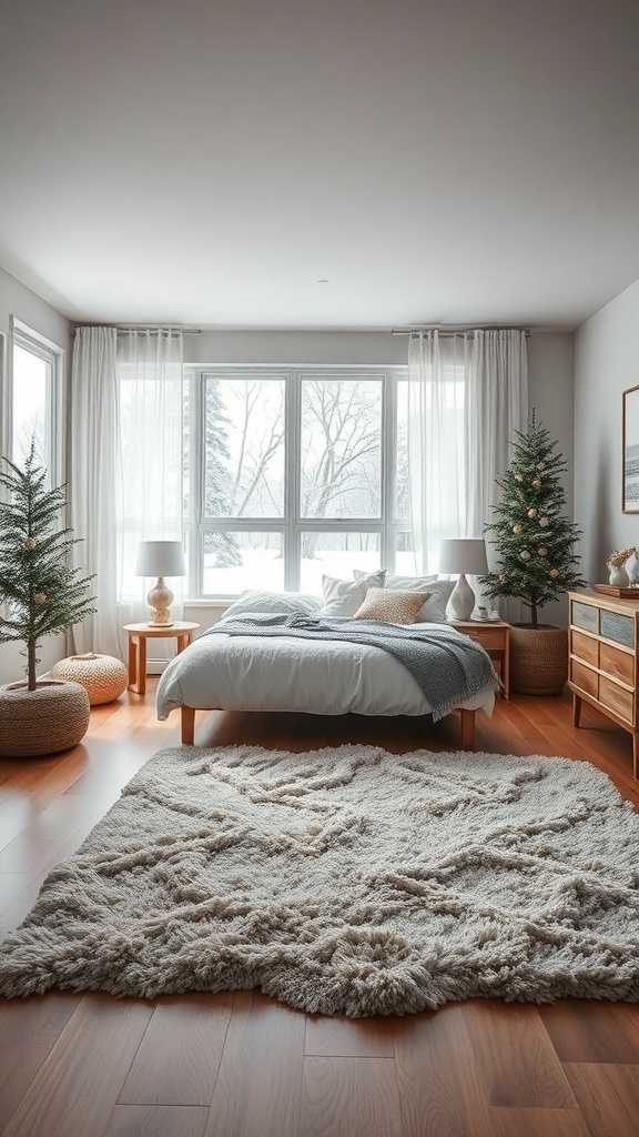A cozy winter bedroom featuring a plush rug, soft bedding, and festive decor.