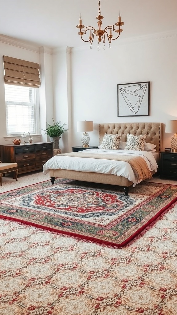 A beautifully layered rug in a cozy bedroom setting