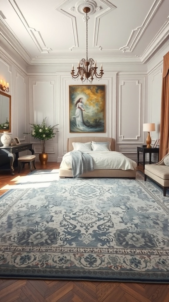 A stylish bedroom with a large rug featuring text, complementing the elegant decor.
