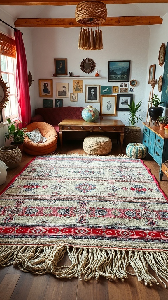 A cozy bedroom featuring a fringed rug with a bohemian design.