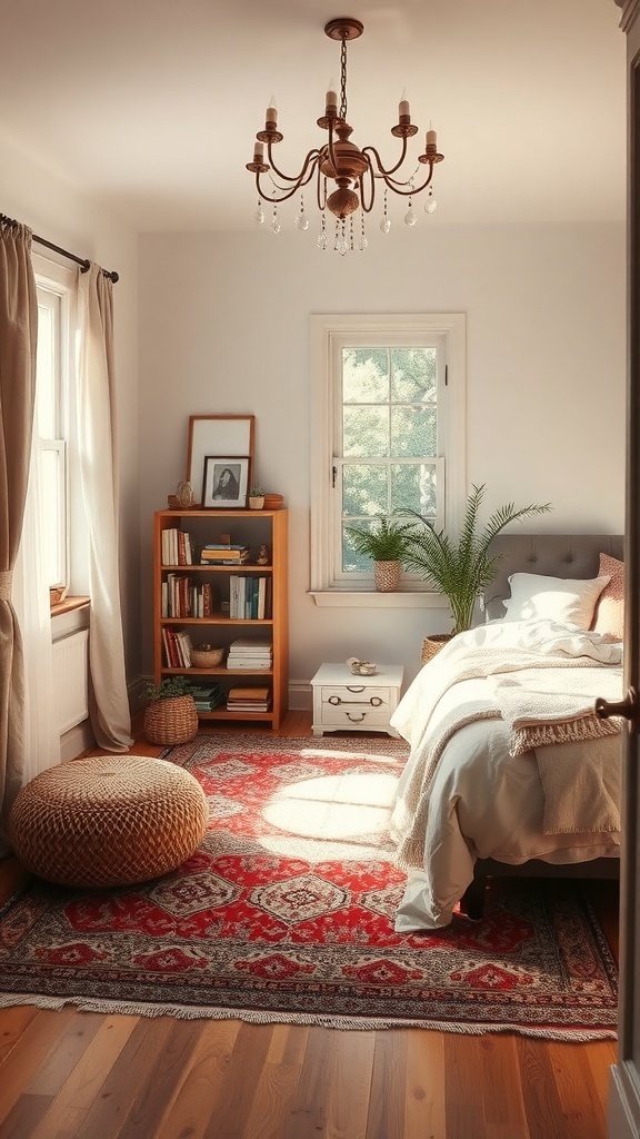 A bedroom with a rug that has an inspirational quote.