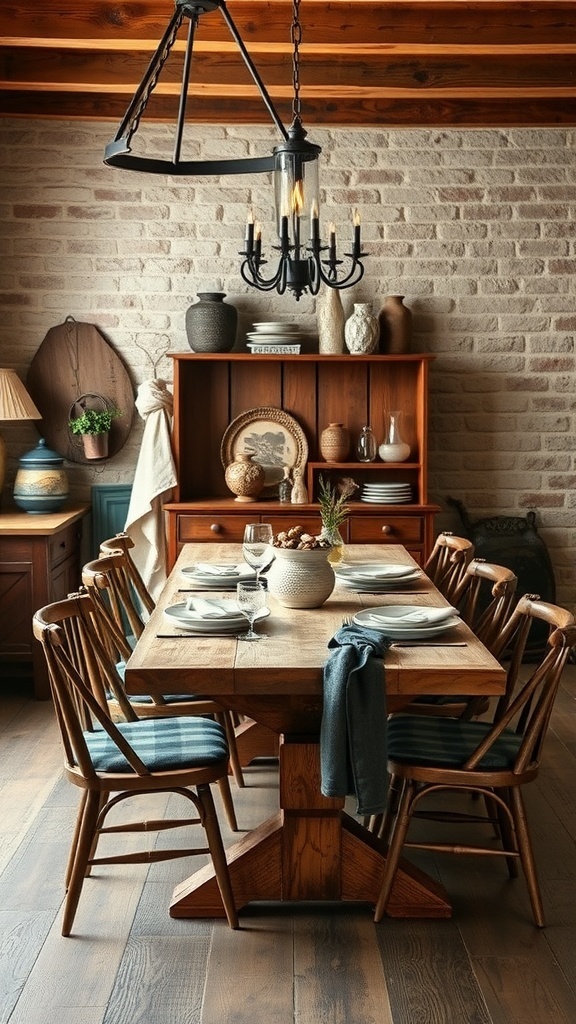 A cozy dining area featuring a wooden table, rustic chairs, and decorative pottery.