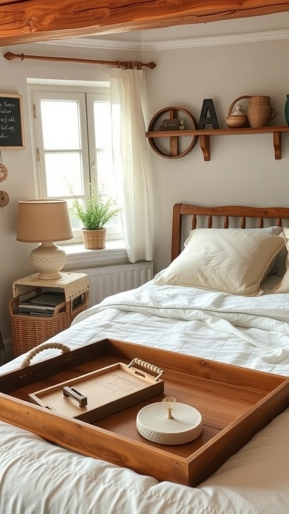 A cozy rustic bedroom featuring a wooden bed, soft bedding, and rustic decor.