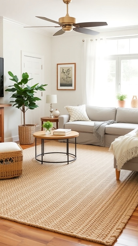 A cozy farmhouse living room with a rustic area rug, soft sofa, and natural decor.