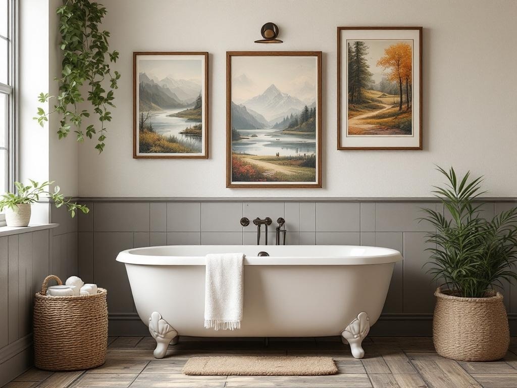 A rustic bathroom featuring a white clawfoot tub, landscape artwork on the walls, and natural decor elements.