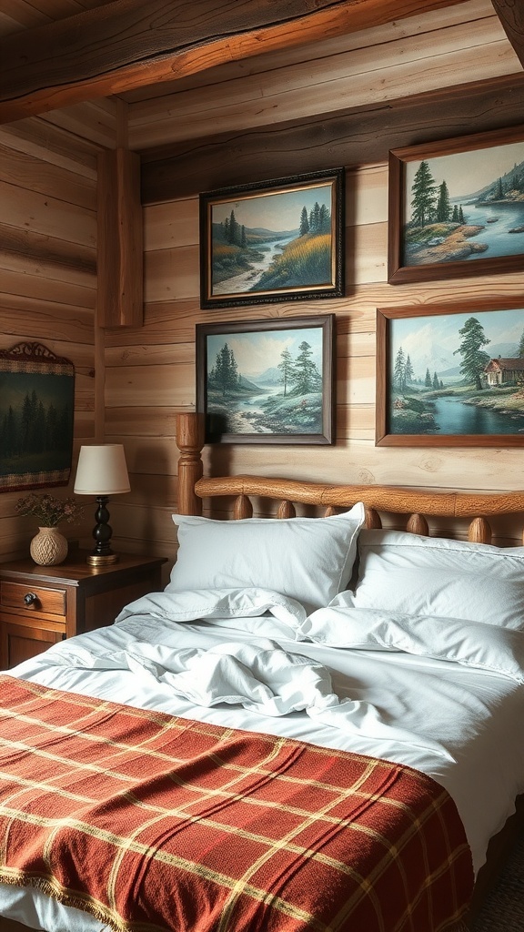 A rustic bedroom with wooden walls and nature-themed paintings.