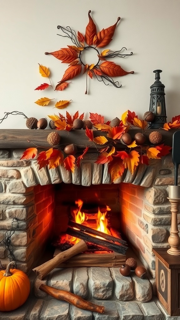 A cozy fireplace decorated with autumn leaves, pumpkins, and pinecones, creating a rustic fall atmosphere.