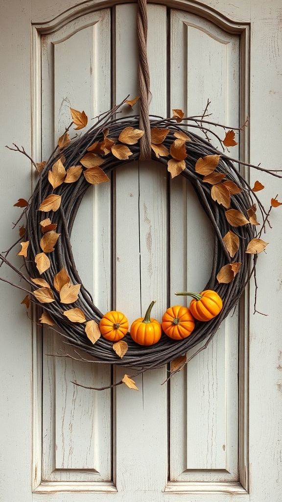 A rustic autumn wreath made of twigs, dried leaves, and small pumpkins, hanging on a weathered door.