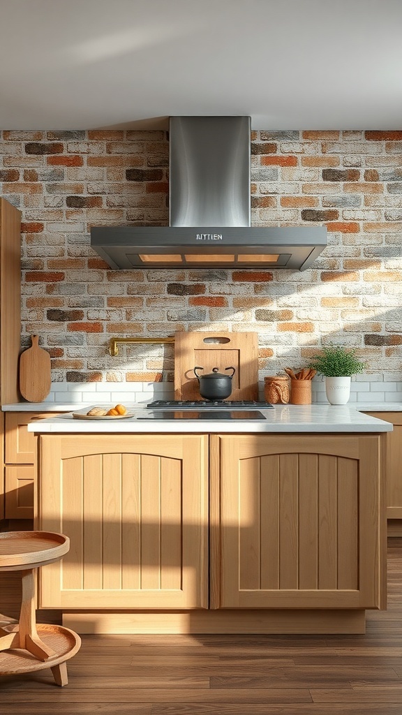 A rustic farmhouse kitchen with a brick backsplash and wooden cabinets.