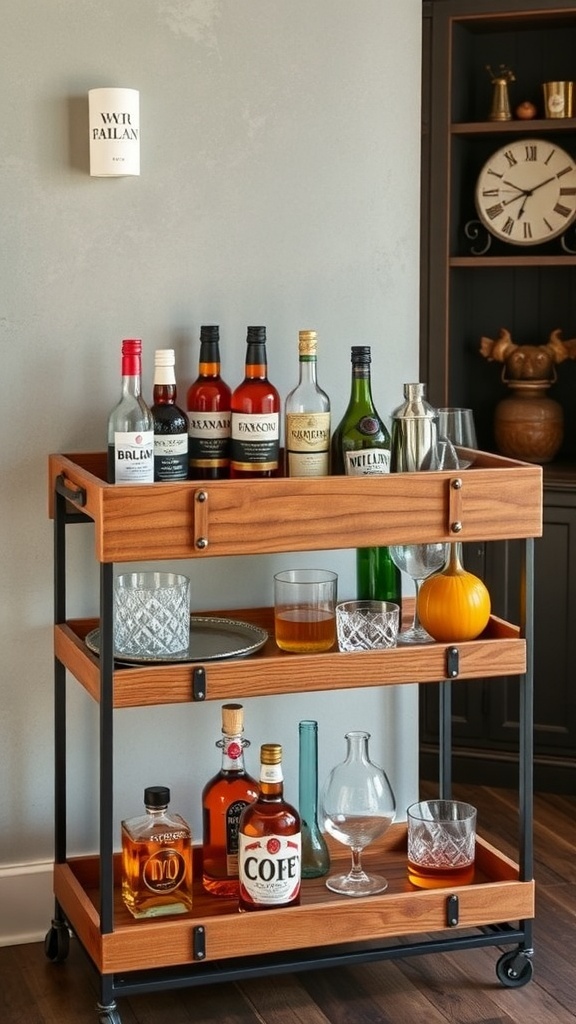 A rustic wooden bar cart with various bottles and glasses displayed.