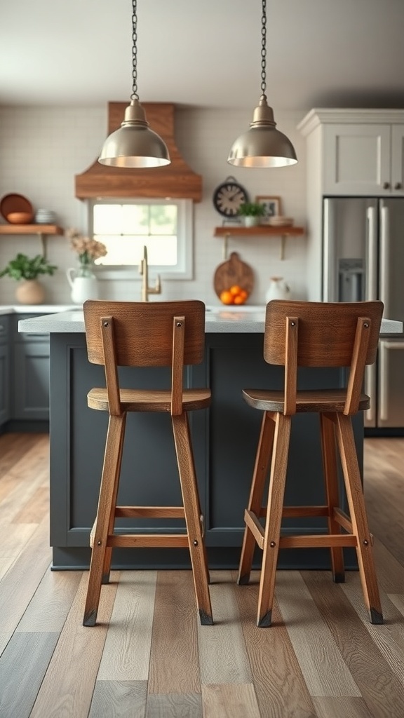 Rustic wooden bar stools at a modern farmhouse kitchen island
