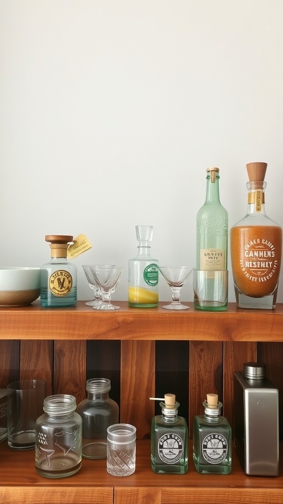 A rustic barware collection featuring various bottles and glasses on a wooden shelf.