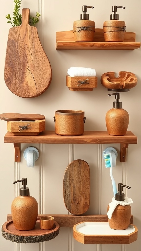 A collection of rustic bathroom accessories including wooden trays, a soap dispenser, and a bowl.