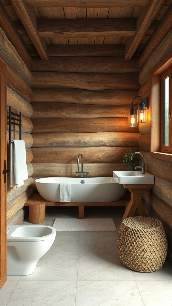 A rustic bathroom featuring wooden walls, a freestanding bathtub, and natural decor elements.