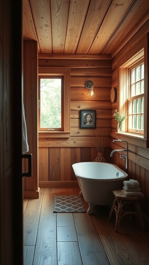 A rustic bathroom featuring wooden walls, a freestanding bathtub, and warm lighting.
